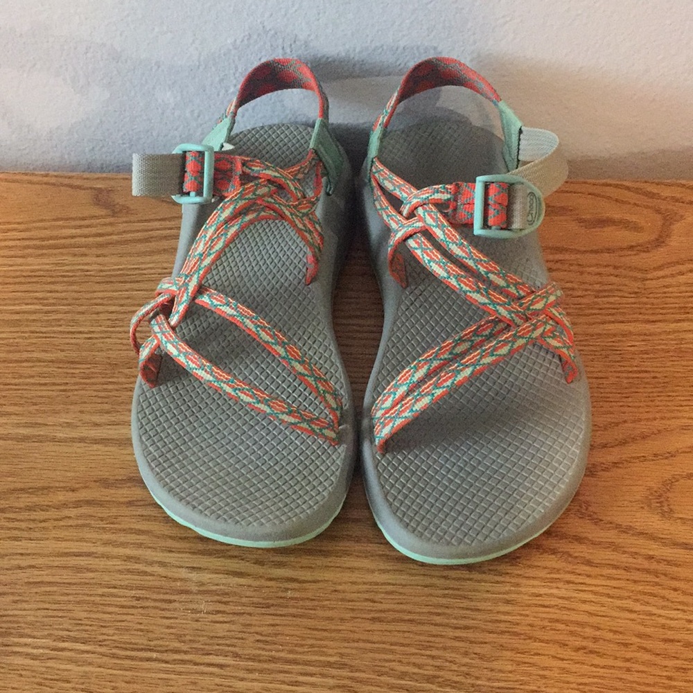 grey and turquoise chacos